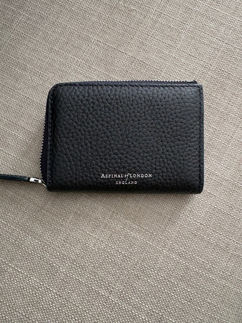 Aspinal of London Black Pebbled Leather Zip Card Holder Wallet JF Monogram